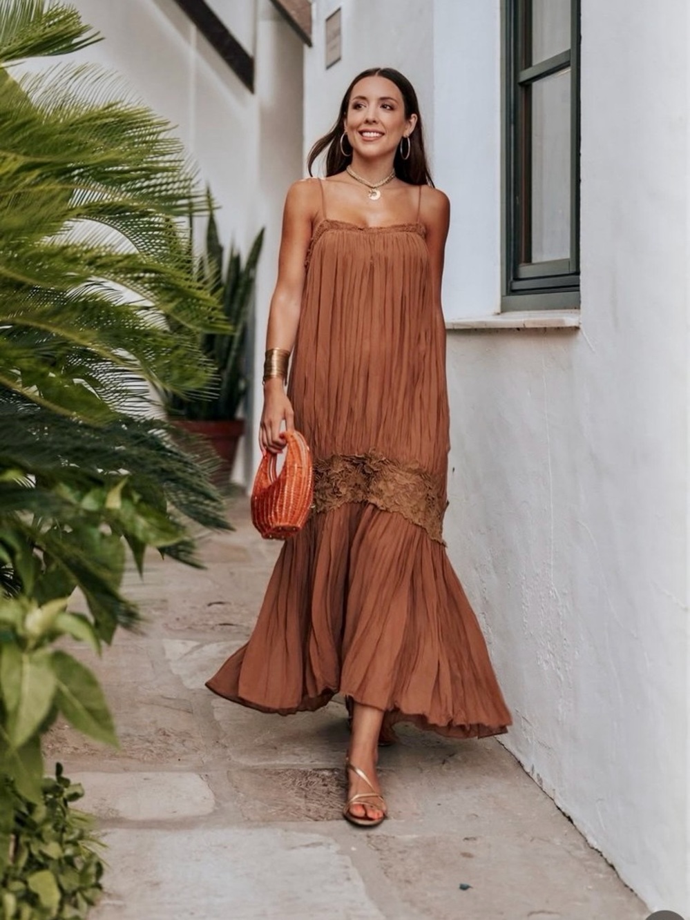 NWT Zara ZW Collection Wrinkled Embroidered Maxi Dress Brown Boho Size L
